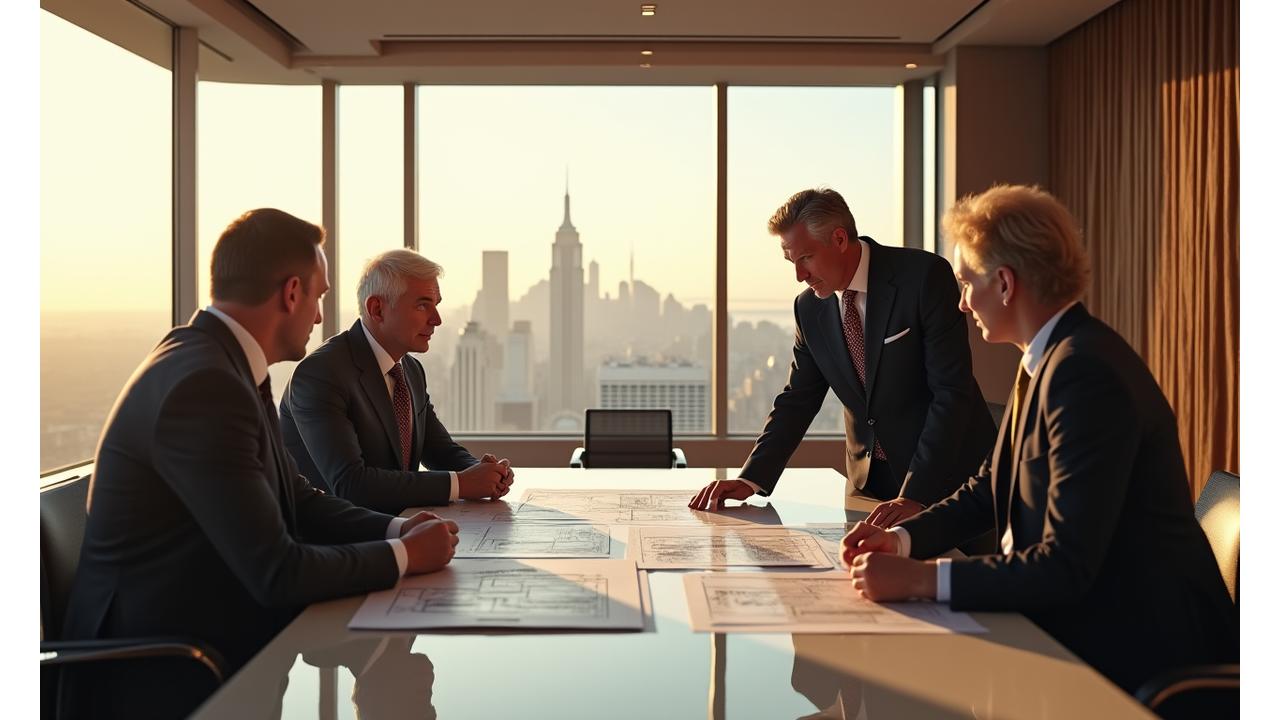 Team of luxury real estate professionals in a sophisticated office setting, reviewing architectural plans