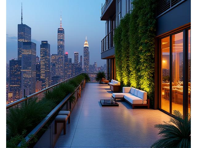 Sleek city penthouse with panoramic views and vertical gardens, sustainable building materials