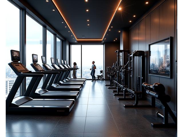 A sleek, modern private gym inside a luxury home, featuring high-end fitness equipment and ample space.