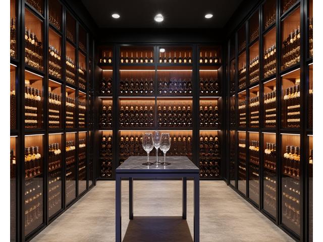 A meticulously designed, climate-controlled luxury wine cellar with rows of aged wine bottles and comfortable seating for tasting.