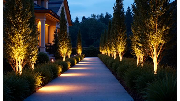 A sophisticated outdoor lighting system illuminating pathways and architectural features of a luxury home at night, with subtle, integrated speakers providing ambient background music, creating an inviting atmosphere.