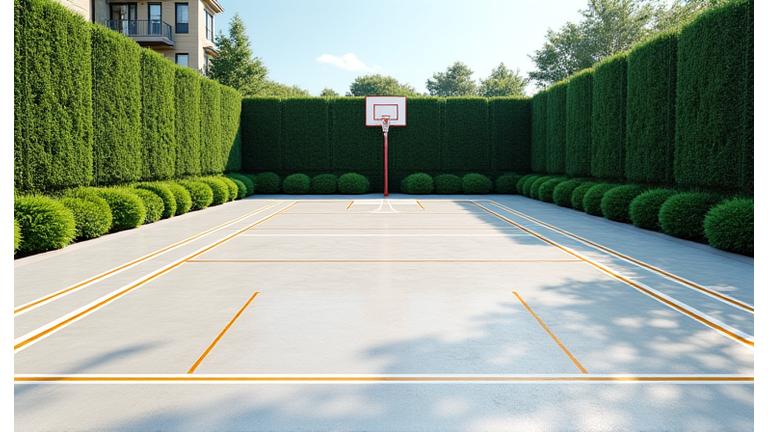 A versatile luxury sports court featuring a basketball hoop and lines for tennis, meticulously maintained concrete, and surrounded by elegant landscaping, suitable for a range of athletic activities.