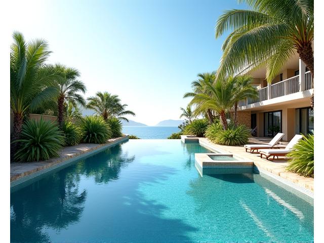 Resort-style infinity pool with an integrated spa and swim-up bar, surrounded by lush tropical landscaping at sunset, showing reflections of luxury.