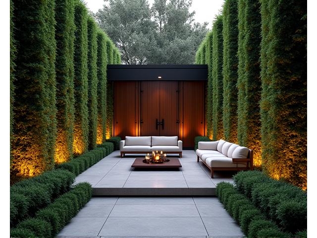 A secluded, luxurious outdoor patio area completely enveloped by tall, manicured hedges and elegant privacy screens, featuring comfortable seating and subtle lighting for intimate gatherings.