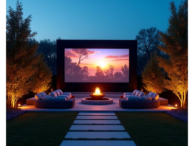 An elaborate outdoor entertainment complex featuring a large projection screen, comfortable lounge seating, surround sound speakers, and a fire pit, ready for a movie night under the stars.