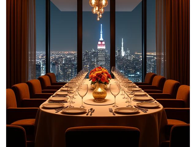 Modern penthouse dining room overlooking city at night