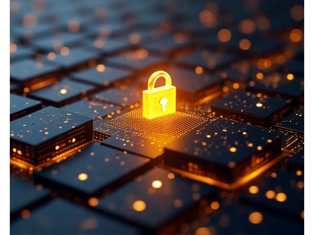 Illustration of secure data flow, with encrypted packets moving between servers, protected by robust firewalls and a digital lock icon